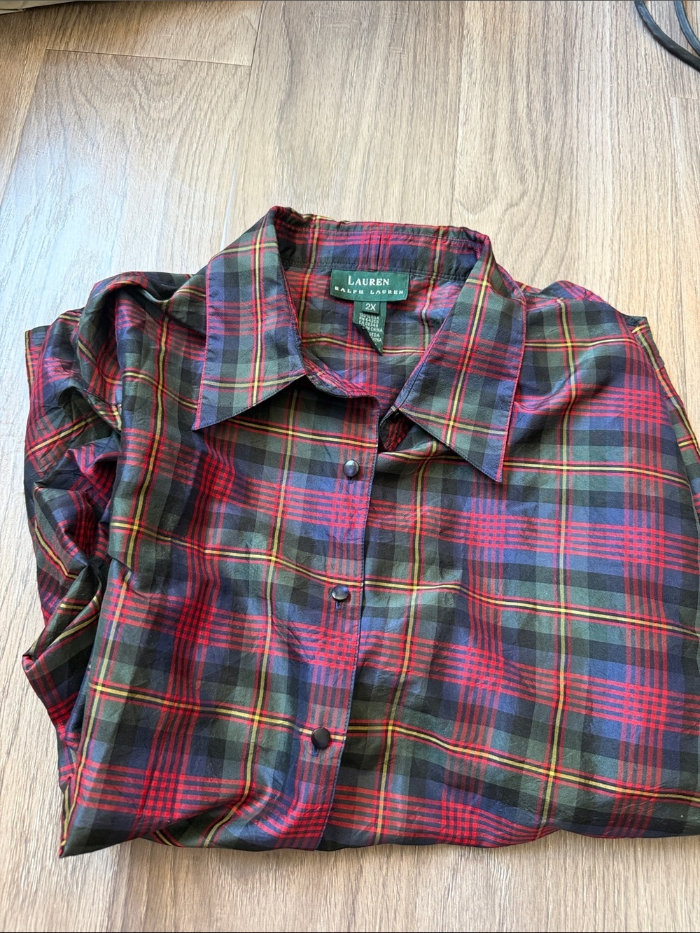 Lauren Ralph 100% silk Red, Green & Yellow Plaid Button-Up Shirt